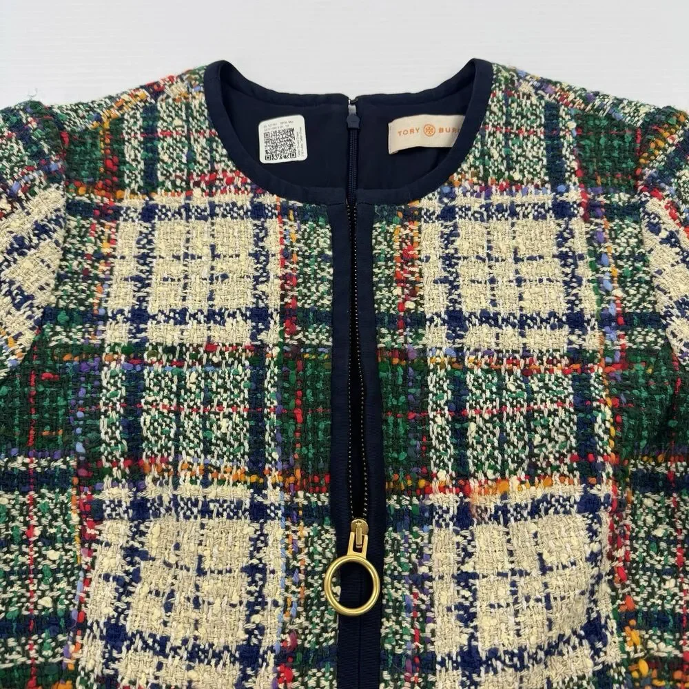 Tory Burch Plaid Tweed Sheath Dress Size 4 Zip Front Pockets Short Sleeve